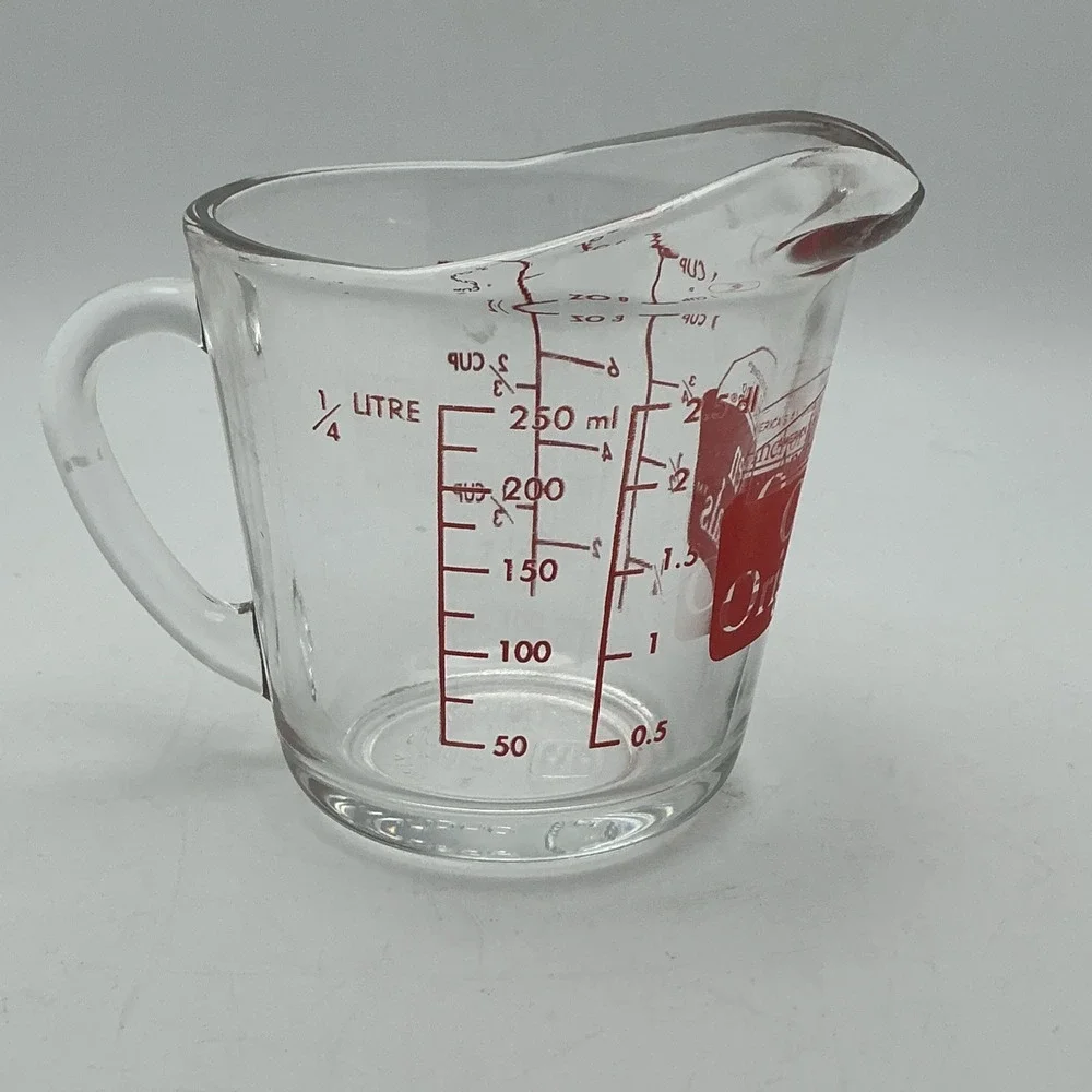 Vintage Anchor Hocking Oven Basics #496 Red Print 1 Cup/8 oz Glass Measuring Cup